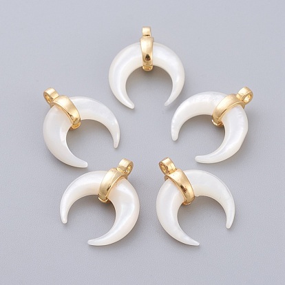 Natural White Shell Mother of Pearl Shell Pendants, with Golden Plated Brass Findings, Double Horn/Crescent Moon
