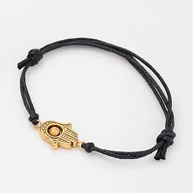 Adjustable Tibetan Style Alloy Beads and Waxed Cotton Cord Bracelets, Hamsa Hand/Hand of Fatima/Hand of Miriam, 42~75mm