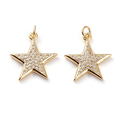 Brass Micro Pave Clear Cubic Zirconia Pendants, Long-Lasting Plated, with Jump Rings, Star