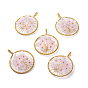 Natural Gemstone Pendants, with Golden Tone Brass Findings and Flower Acrylic Beads, Flat Round