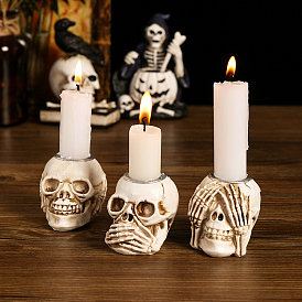 Halloween Theme Resin Candle Holders, No See Hear Talk Skull