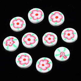Handmade Polymer Clay Cabochons, Flat Round with Flower