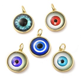 Real 18K Gold Plated Brass Pendants, with Acrylic and Jump Ring, Flat Round with Evil Eye Charms