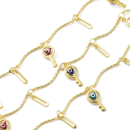 Brass Curved Bar Link Chains, with Colorful Enamel Key with Evil Eye & Oval Charms, Soldered, with Spool