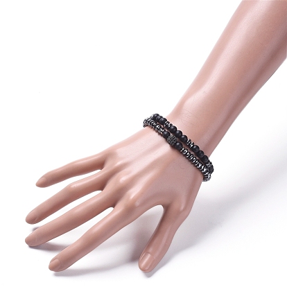 Ensembles de bracelet extensible, avec des perles d'hématite synthétiques non magnétiques et des bracelets de perles en zircone cubique en laiton et des bracelets de perles d'agate noire naturelle (teintes)