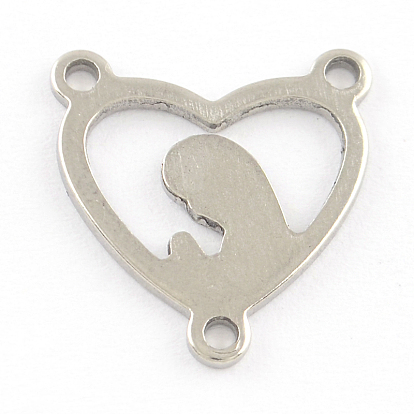 201 Stainless Steel Chandelier Component Links, 3 Loop Connectors, Heart with Mother and Son, 16x15x1mm, Hole: 1mm