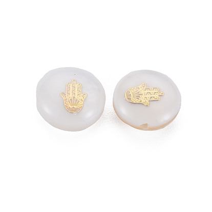 Perles de coquillages naturels d'eau douce, avec des ornements en métal en laiton doré, plat rond avec la main