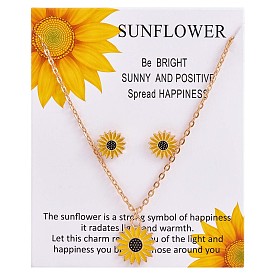 Enamel Sunflower Pendant Necklace and Stud Earrings, Alloy Jewelry Set for Women