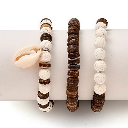Наборы стрейч браслеты, штабелируемые браслеты, с натуральным лавовым камнем (окрашенным) и бусинами из ракушек кокоса и каури