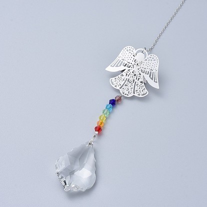 Cristal lustre suncatchers prismes chakra pendentif suspendu, avec des chaînes de câble de fer, Des billes de verre, pendentifs en verre strass et laiton, ange avec larme