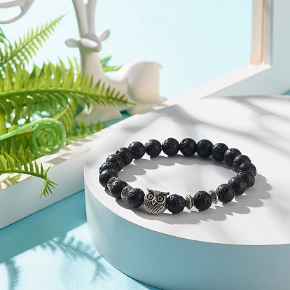 Bracelet extensible perles rondes en pierre de lave naturelle, bijoux en pierre de puissance de diffuseur d'huile avec le hibou d'alliage pour des femmes