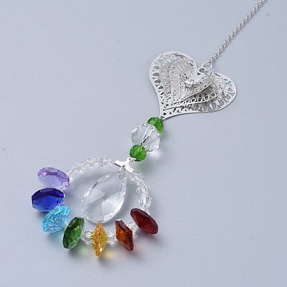 Cristal lustre suncatchers prismes chakra pendentif suspendu, avec des chaînes de câble de fer, Des billes de verre, pendentifs en verre strass et laiton, coeur avec larme