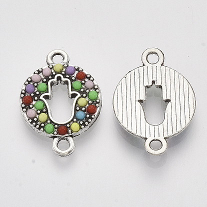 Antique Silver Tone Alloy Links Connectors, with Resin, Flat Round with Hamsa Hand/Hand of Fatima/Hand of Miriam