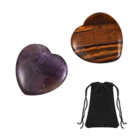 2 pcs 2 massage aux pierres précieuses mélangées naturelles de style cœur, avec 1 sacs à cordon en tissu de velours pc