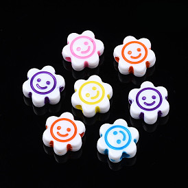 Opaque White Acrylic Beads, Flower with Smiling Face