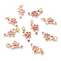 Real 18K Gold Plated Brass Enamel Pendants, with Jump Ring, for Christmas, Candy Cane with Bowknot