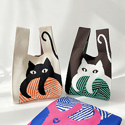 Gestrickte Tragetaschen aus Polyester mit Katzenmuster, Cartoon-Häkelhandtaschen für Frauen