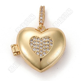 Brass Micro Pave Clear Cubic Zirconia Diffuser Locket Pendants, Long-Lasting Plated, Lead Free & Cadmium Free, Heart with Heart