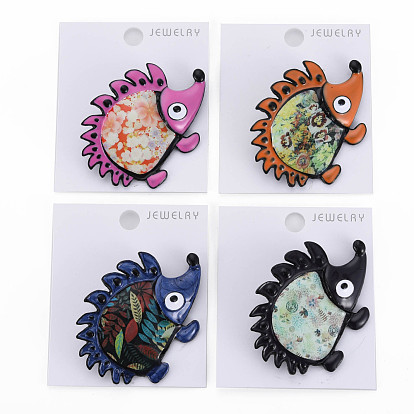 Alloy Enamel Brooches, with Stickers and Brass Pin, Electrophoresis Black, Hedgehog, Nickel Free & Lead Free