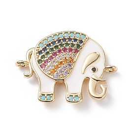 Brass Micro Pave Colorful Cubic Zirconia Connector Charms, with White Enamel, Cadmium Free & Lead Free, Long-Lasting Plated, Elephant
