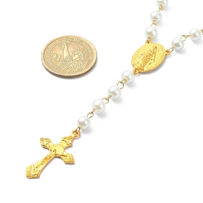 Collares de cuentas de rosario de perlas de vidrio, Collar con colgante de cruz de crucifijo de aleación y Virgen María