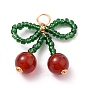 Glass Seed Beads Pendants, with Natural Red Agate Carnelian Beads and Copper Wire, Bowknot