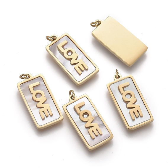 Natural Shell Pendants, with Golden Plated 316 Surgical Stainless Steel Findings and Jump Rings, Rectangle with Word Love