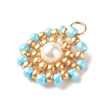 Pendentifs de perles de rocaille en verre de perle de coquillage, avec ton doré 304 boucles en acier inoxydable, plat rond