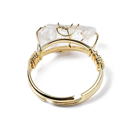 Adjustable Natural Quartz Crystal Finger Rings, with Light Gold Brass Findings