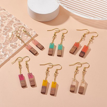 6 Pair 6 Color Resin & Walnut Wood Rectangle Dangle Earrings, Golden 304 Stainless Steel Jewelry for Women