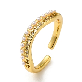 Rack Plating Brass Micro Pave Clear Cubic Zirconia Open Cuff Rings for Women, with ABS Imitation Pearl