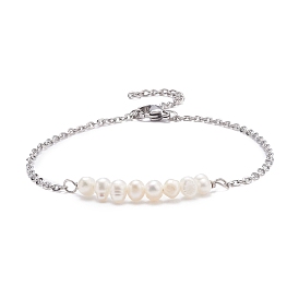 Natural Pearl Beads Link Bracelet with 304 Stainless Steel Cable Chains for Women
