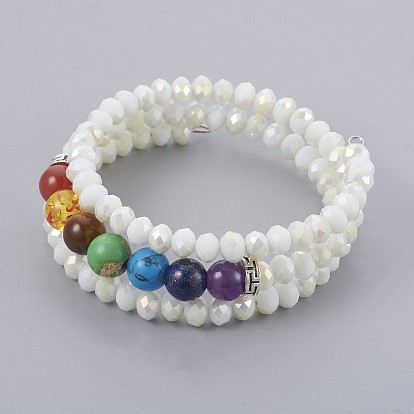 Electroplate Glass Wrap Bracelets, with Mixed Gemstone, 3-Loop, Round