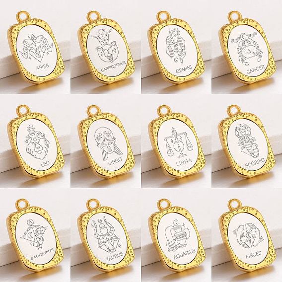 304 Stainless Steel Pendants, Rectangle with Twelve Constellations Charm, Golden & Stainless Steel Color