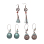 3 paires 3 boucles d'oreilles pendantes plates rondes et ovales en alliage de style avec turquoise synthétique, grandes boucles d'oreilles pendantes en coton avec pompon et bois pour femme
