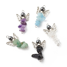 Natural Mixed Stone Chip Beaded Connecter Charms, with Antique Silver & Platinum Tone 304 Stainlesss Steel & Alloy Findings & Non-Magnetic Synthetic Hematite, Angel