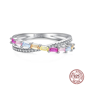 Rhodium Plated Sterling Silver Criss Cross Finger Rings, with Cubic Zirconia, with S925 Stamp