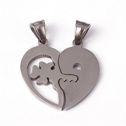 Pendentifs en acier inoxydable, pendentifs couple, coeur fendu, avec des strass, mot je t'aime, pour Saint Valentin, 304mm, Trou: 31x31x2.5mm