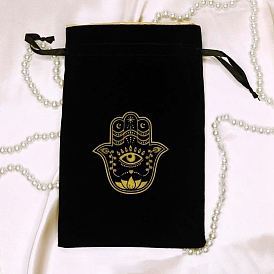 Pochettes d'emballage de bijoux en velours rectangle, sacs à cordon avec imprimé main de Hamsa