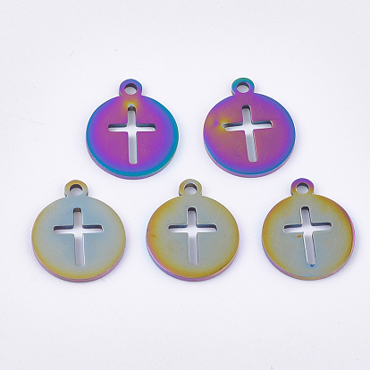 Ion Plating(IP) 201 Stainless Steel Charms, Flat Round with Cross