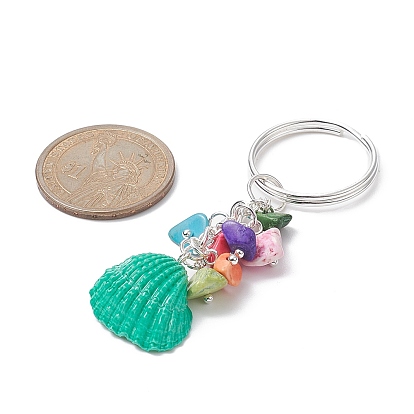 Spray Painted Sea Shell Keychains, with Iron Split Key Rings and Synthetic Turquoise Beads