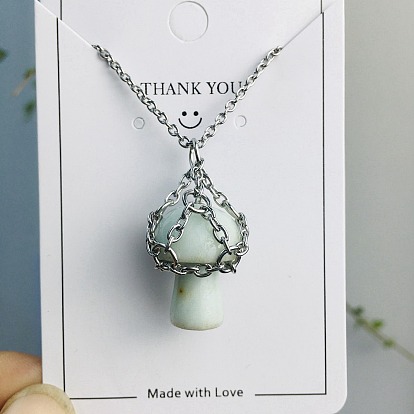 Natural Gemstone Mushroom Pendant Necklace, Titanium Steel Jewelry for Women