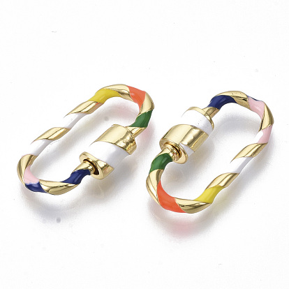 Brass Screw Carabiner Lock Charms, for Necklaces Making, with Enamel, Nickel Free, Oval