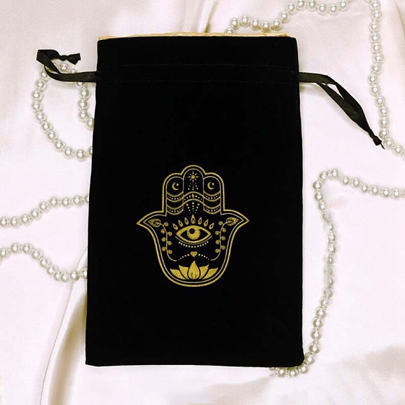 Bolsas de embalaje de joyería de terciopelo rectangular, bolsas con cordón con estampado de mano hamsa