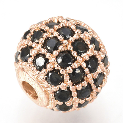 Brass Micro Pave Cubic Zirconia Beads, Round, Black