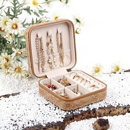 Caja con cremallera para embalaje de joyería de madera de corcho cuadrada impresa portátil étnica para almacenamiento de collares y pendientes