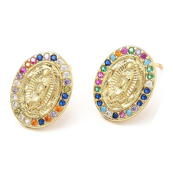 Rack Plating Brass Oval with Virgin Mary Stud Earrings with Colorful Cubic Zirconia, Lead Free & Cadmium Free