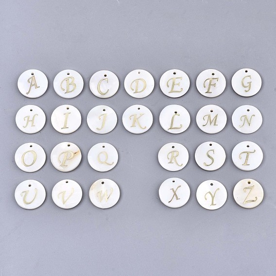 Natural Freshwater Shell Pendants, with Golden Plated Brass Etched Metal Embellishments, Flat Round with Letter, Alphabet