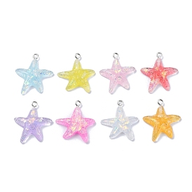 Transparent Resin Pendants, Star Charms with Paillettes and Platinum Plated Iron Loops