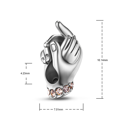 Tinysand 925 стерлингового серебра держите руки европейские бусины, со стразами, бусины с большим отверстием, 16.14x7.01x8.67 мм, отверстие : 4.23 мм